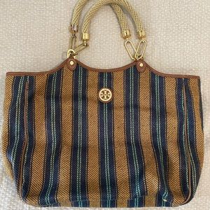 Tory Burch LARGE Navy & Tan striped straw tote bag